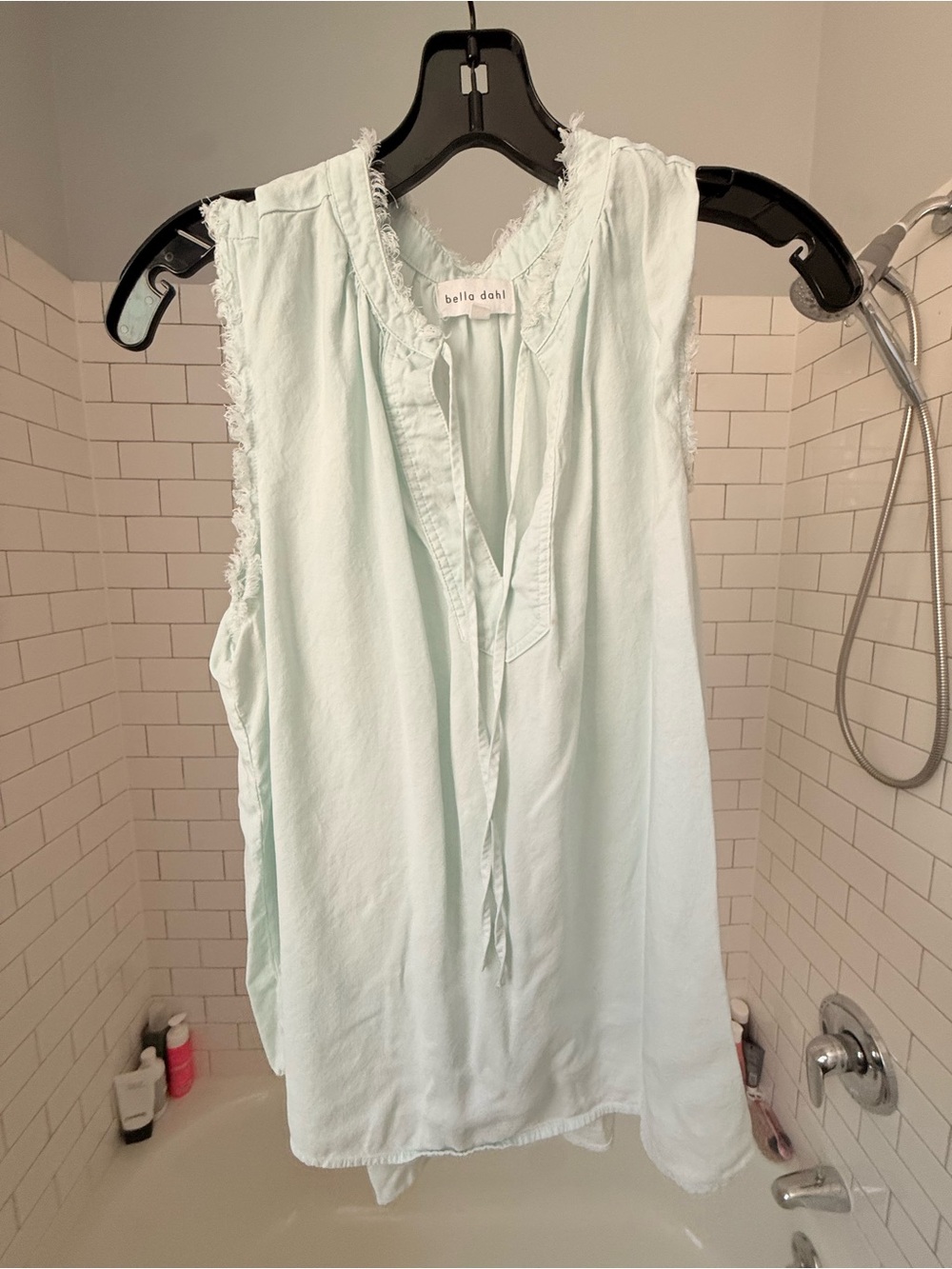 Bella Dahl Light Mint Sleeveless Frayed Tie-Neck Top